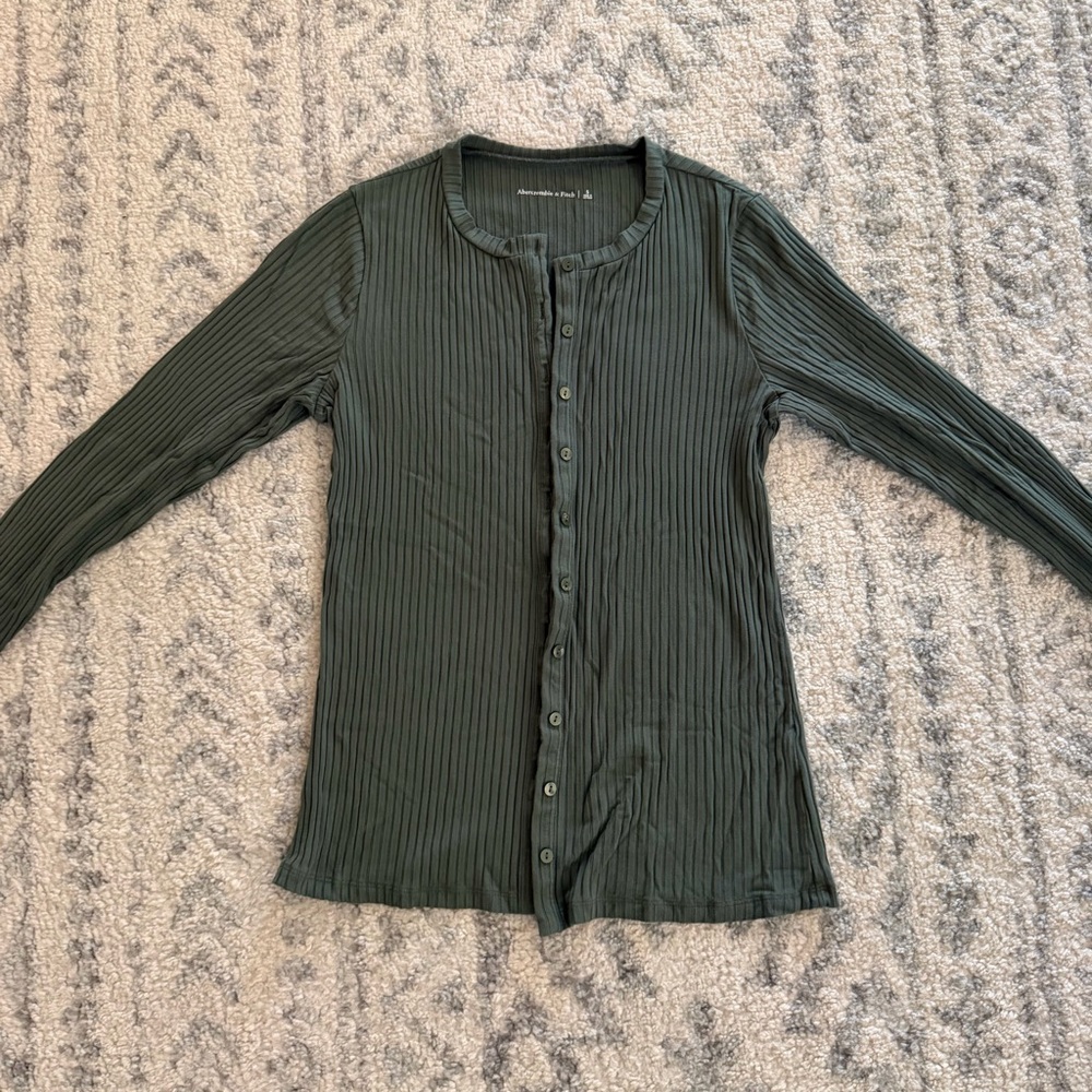 Abercrombie & Fitch Olive Green Ribbed Button-Up Top